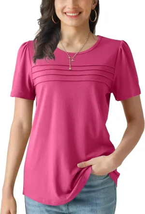 Summer Tops for Women 2025 Dressy Casual Short Puff Sleeve T Shirts Trendy Pleated Front Crew Neck