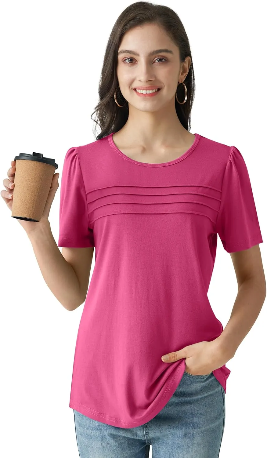 Summer Tops for Women 2025 Dressy Casual Short Puff Sleeve T Shirts Trendy Pleated Front Crew Neck