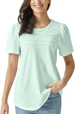 Summer Tops for Women 2025 Dressy Casual Short Puff Sleeve T Shirts Trendy Pleated Front Crew Neck