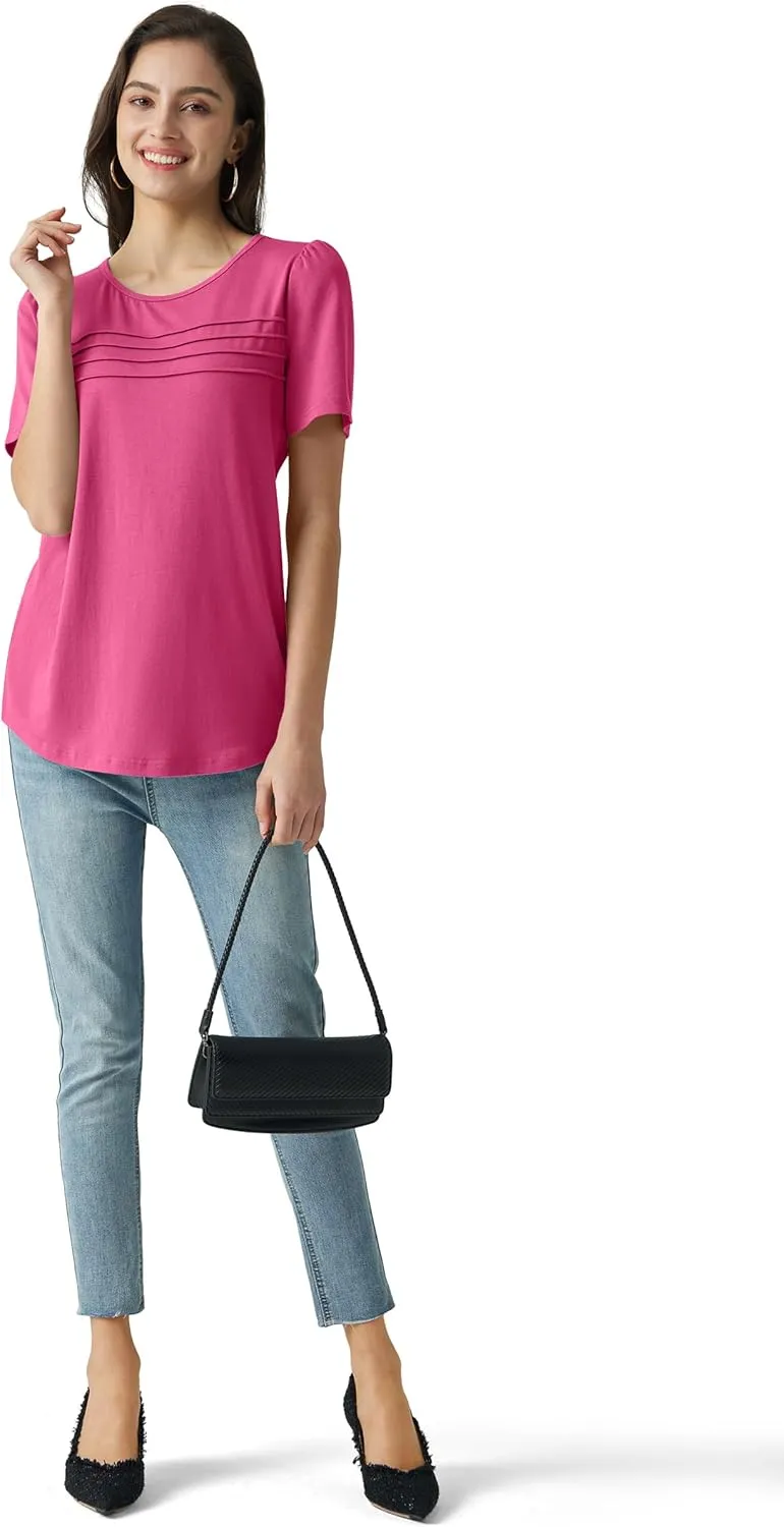 Summer Tops for Women 2025 Dressy Casual Short Puff Sleeve T Shirts Trendy Pleated Front Crew Neck