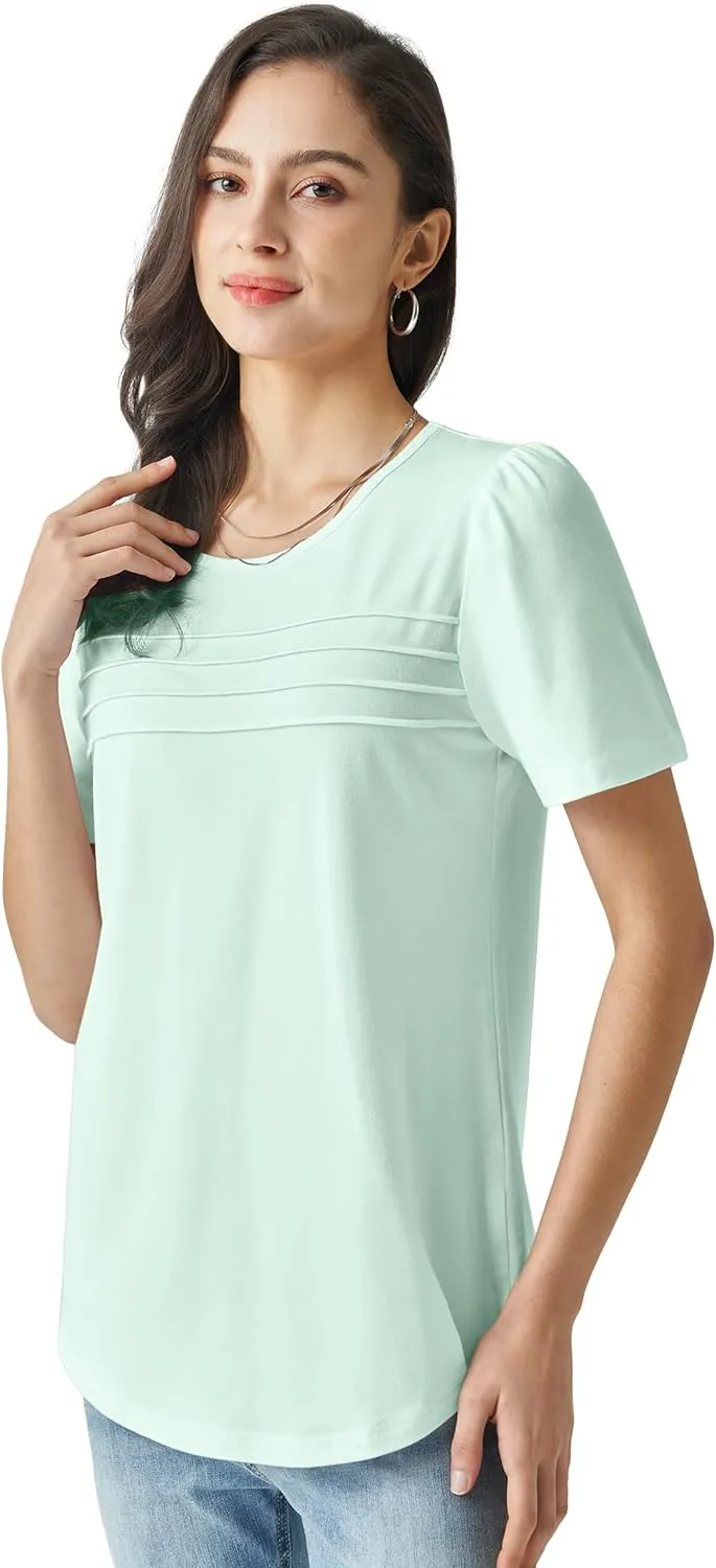 Summer Tops for Women 2025 Dressy Casual Short Puff Sleeve T Shirts Trendy Pleated Front Crew Neck