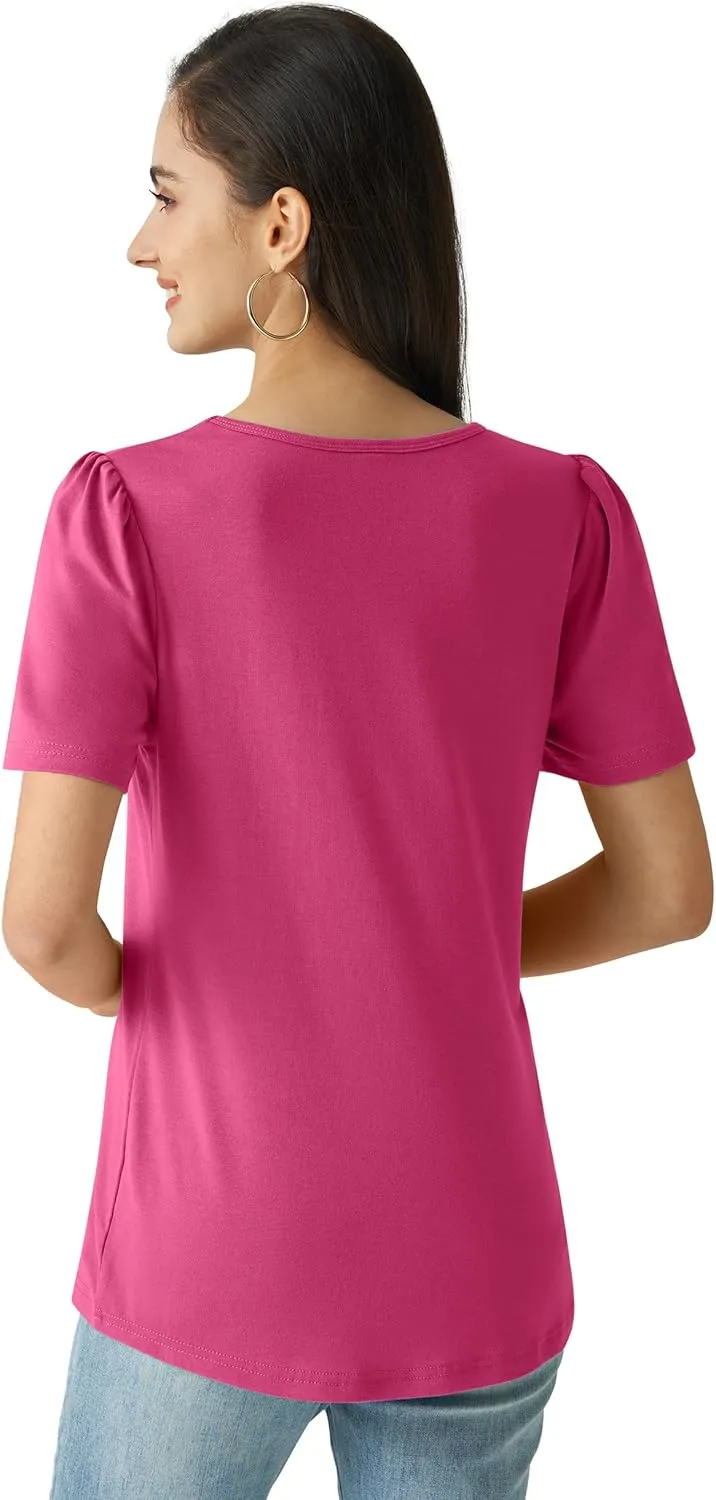 Summer Tops for Women 2025 Dressy Casual Short Puff Sleeve T Shirts Trendy Pleated Front Crew Neck