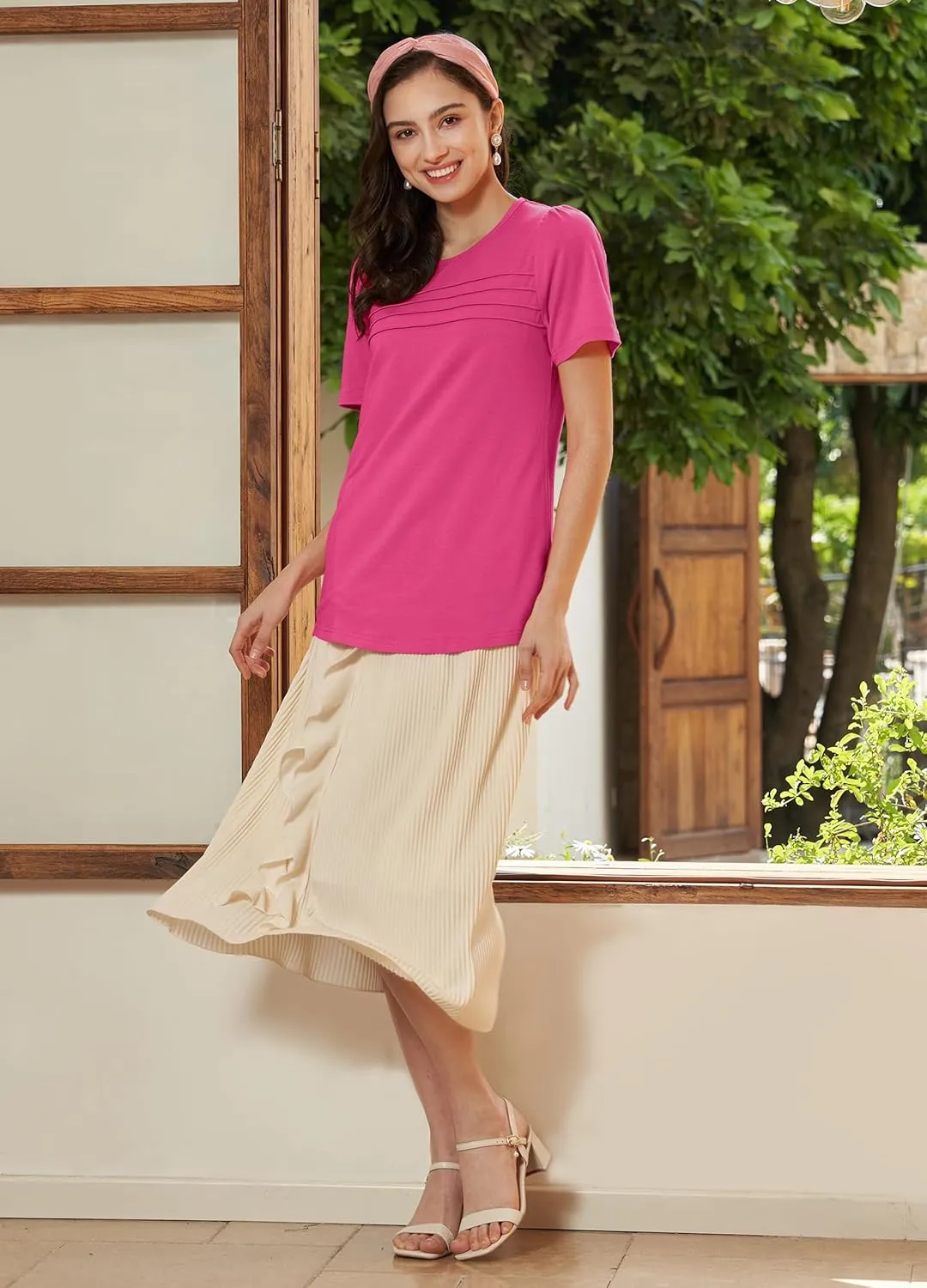 Summer Tops for Women 2025 Dressy Casual Short Puff Sleeve T Shirts Trendy Pleated Front Crew Neck