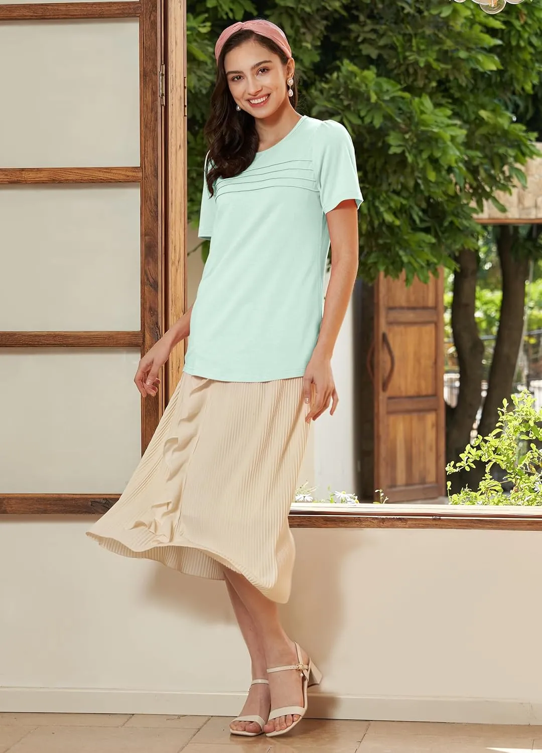 Summer Tops for Women 2025 Dressy Casual Short Puff Sleeve T Shirts Trendy Pleated Front Crew Neck