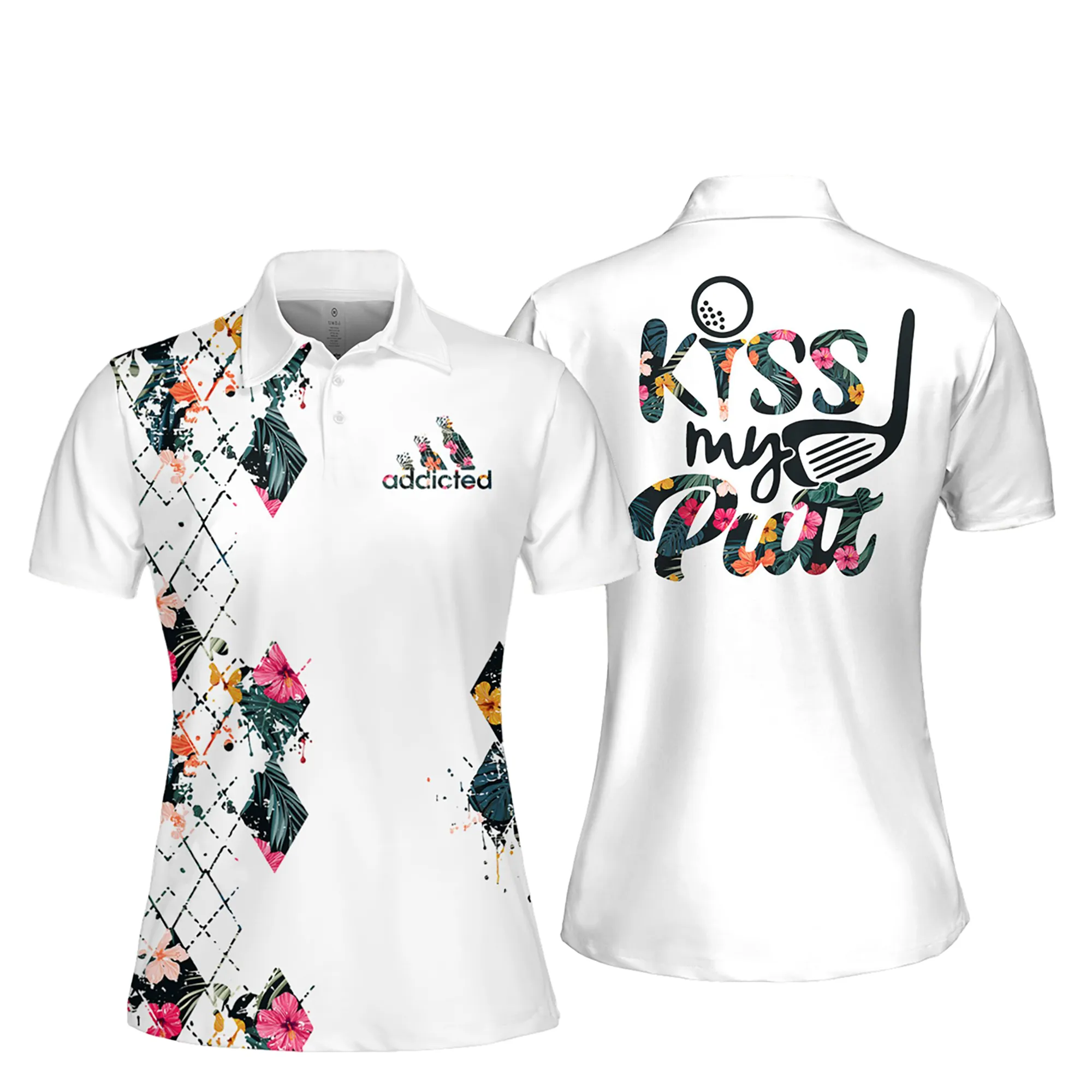 Tropical Flower Argyle Style Kiss My Putt Women Short Sleeve Polo Shirt, Sleeveless Golf Polo Shirt