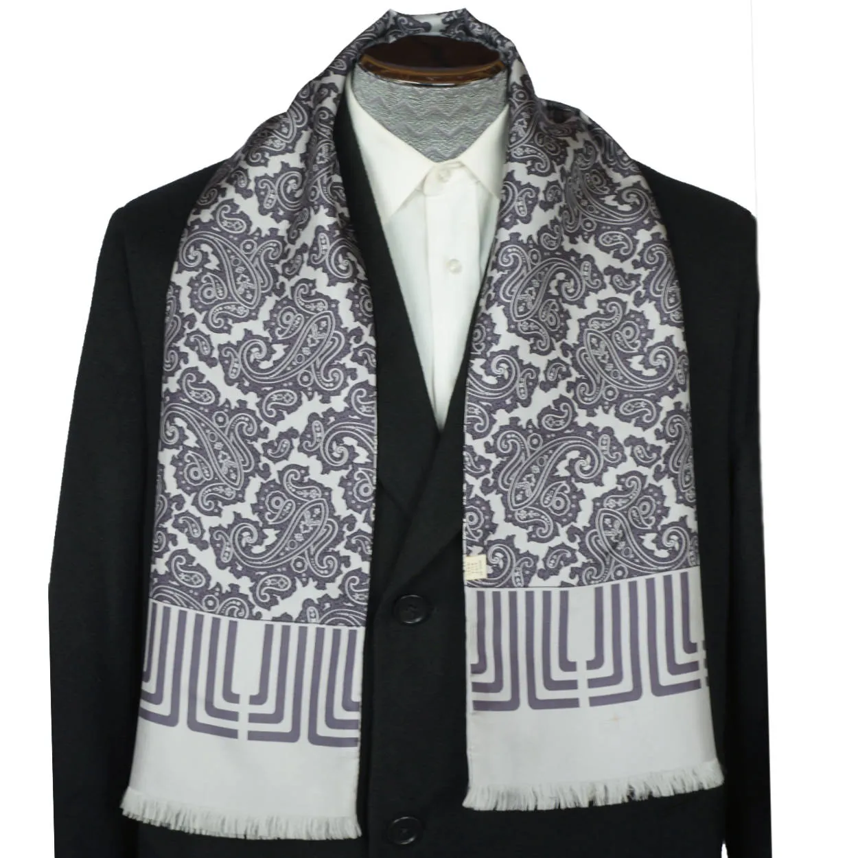 Vintage 1970s Lanvin Paris Mens Silk Dress Scarf Silver Grey w Paisley Pattern