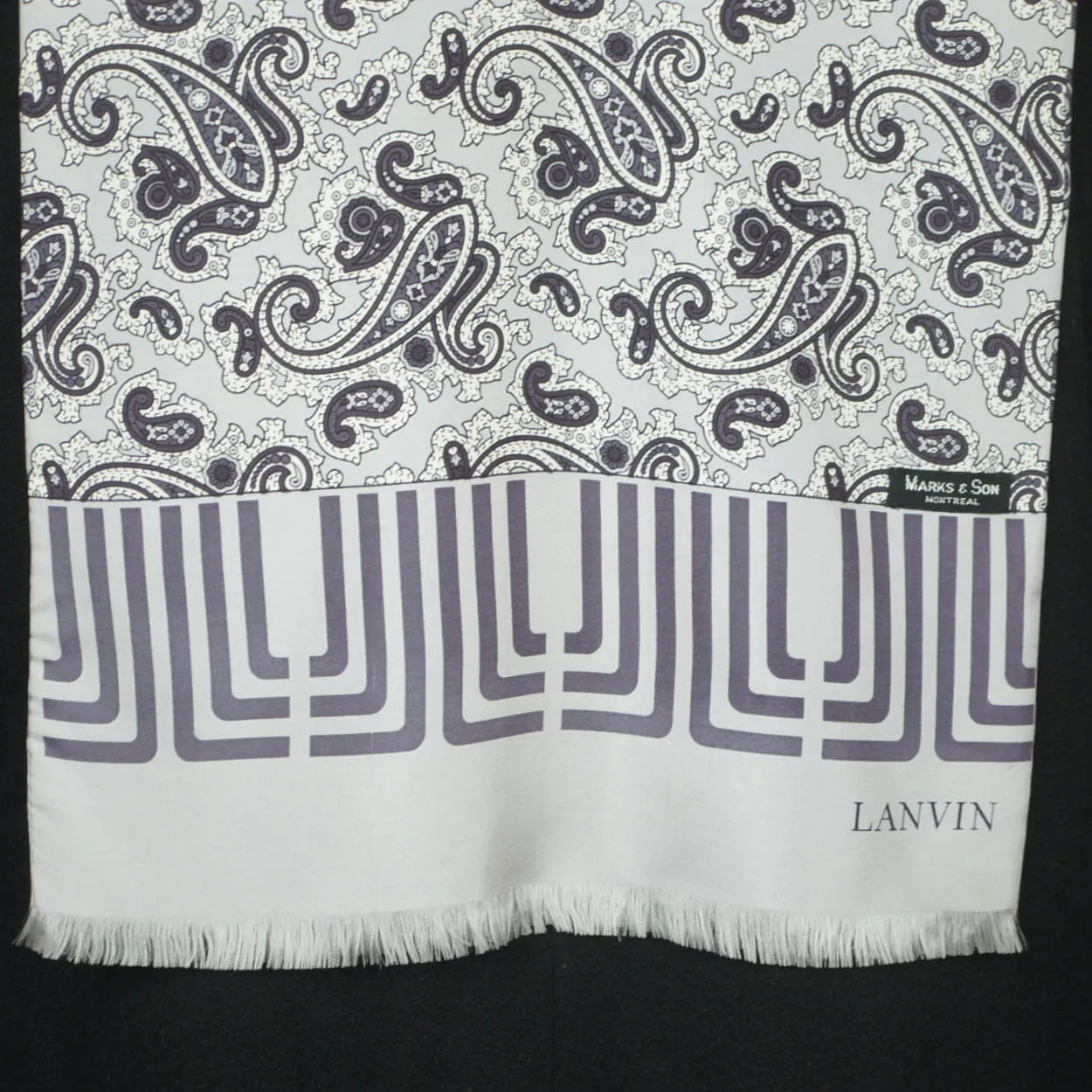 Vintage 1970s Lanvin Paris Mens Silk Dress Scarf Silver Grey w Paisley Pattern