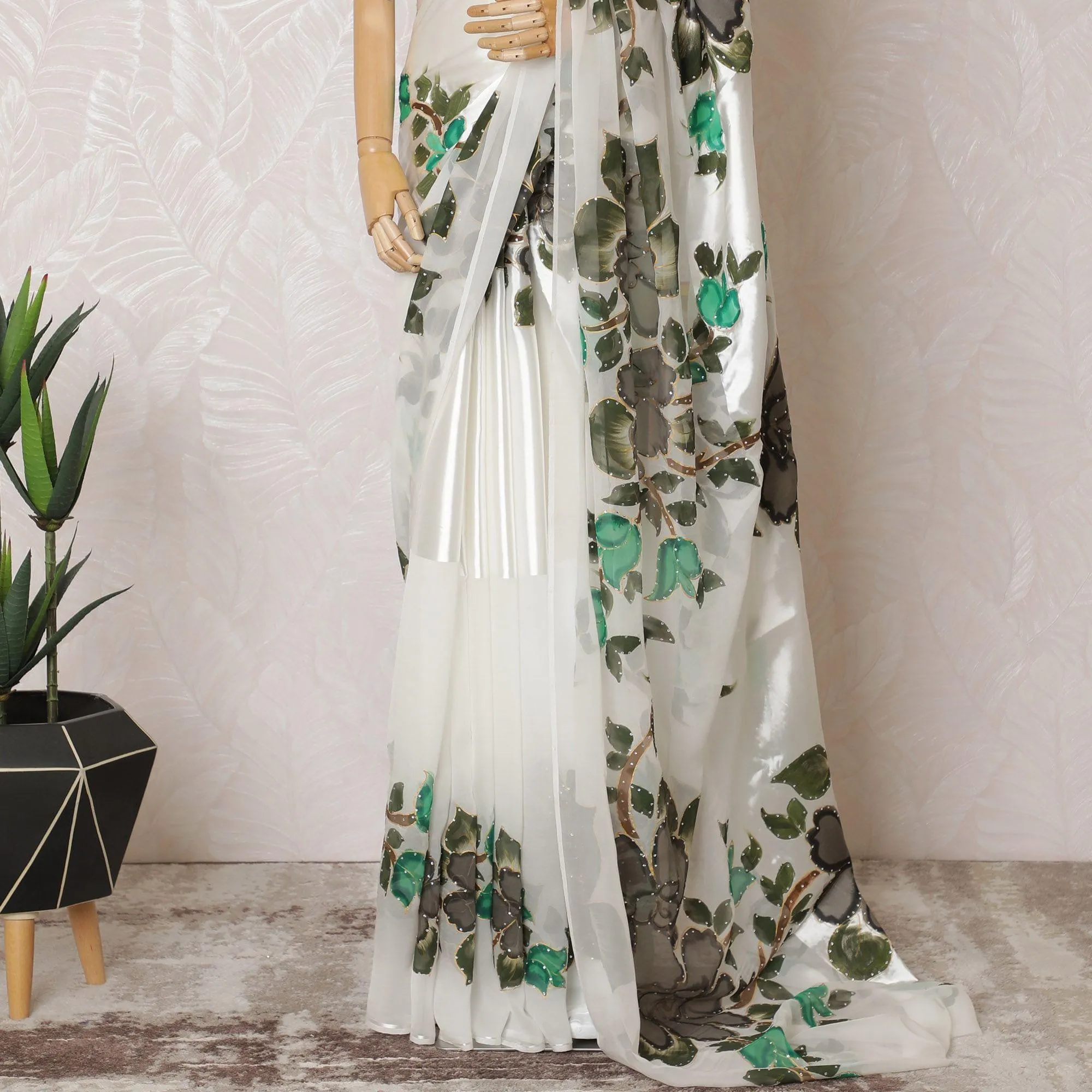 White Premium pure silk chiffon to satin saree having multicolor hand paint and stone work in floral design-D15497