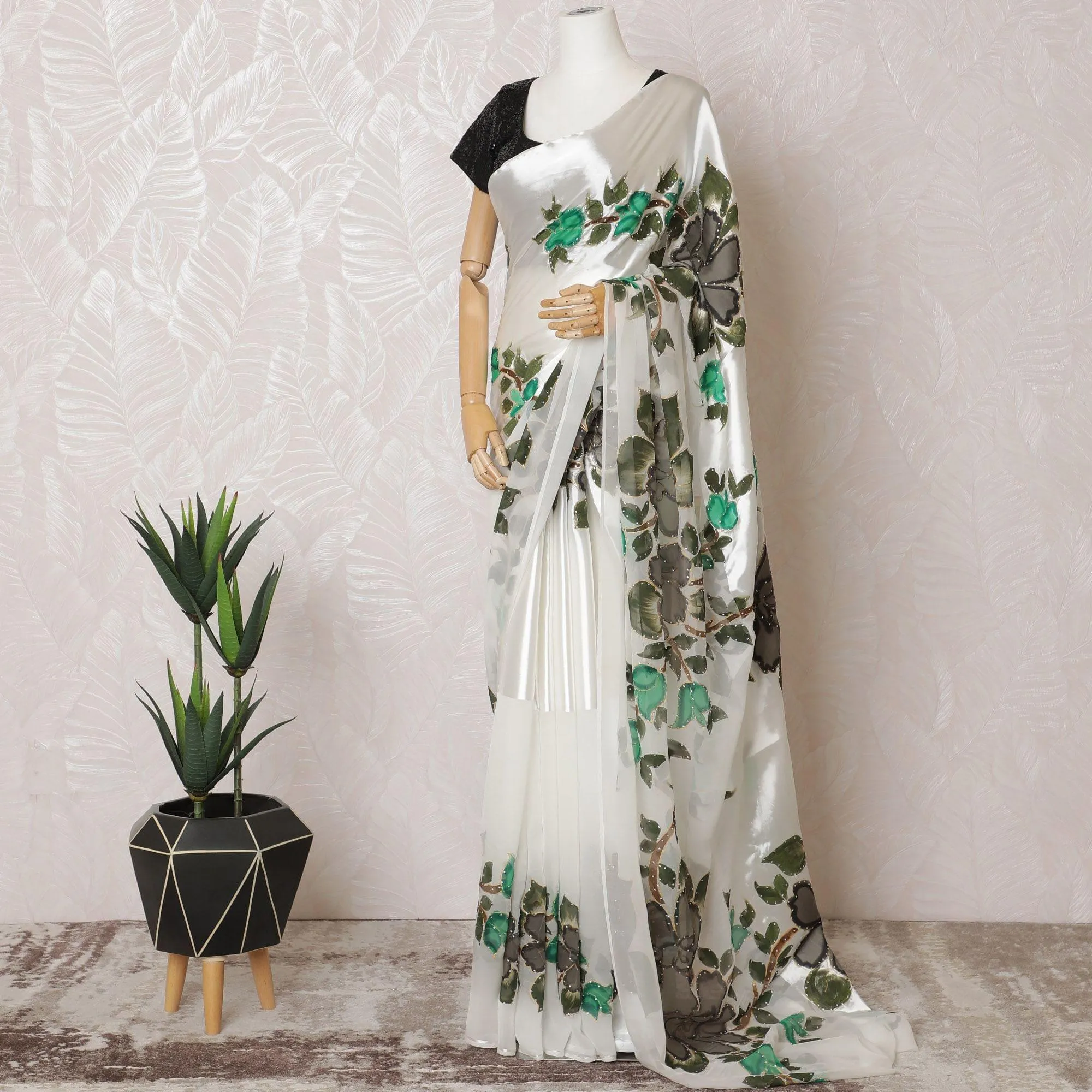 White Premium pure silk chiffon to satin saree having multicolor hand paint and stone work in floral design-D15497