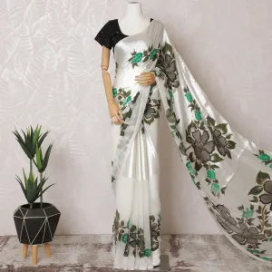 White Premium pure silk chiffon to satin saree having multicolor hand paint and stone work in floral design-D15497