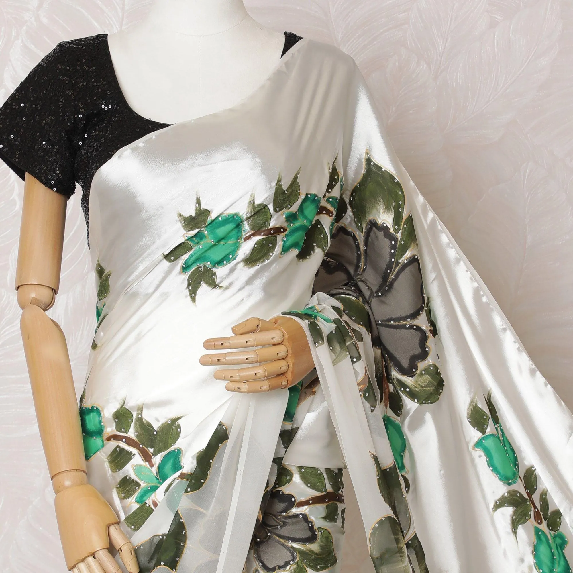 White Premium pure silk chiffon to satin saree having multicolor hand paint and stone work in floral design-D15497