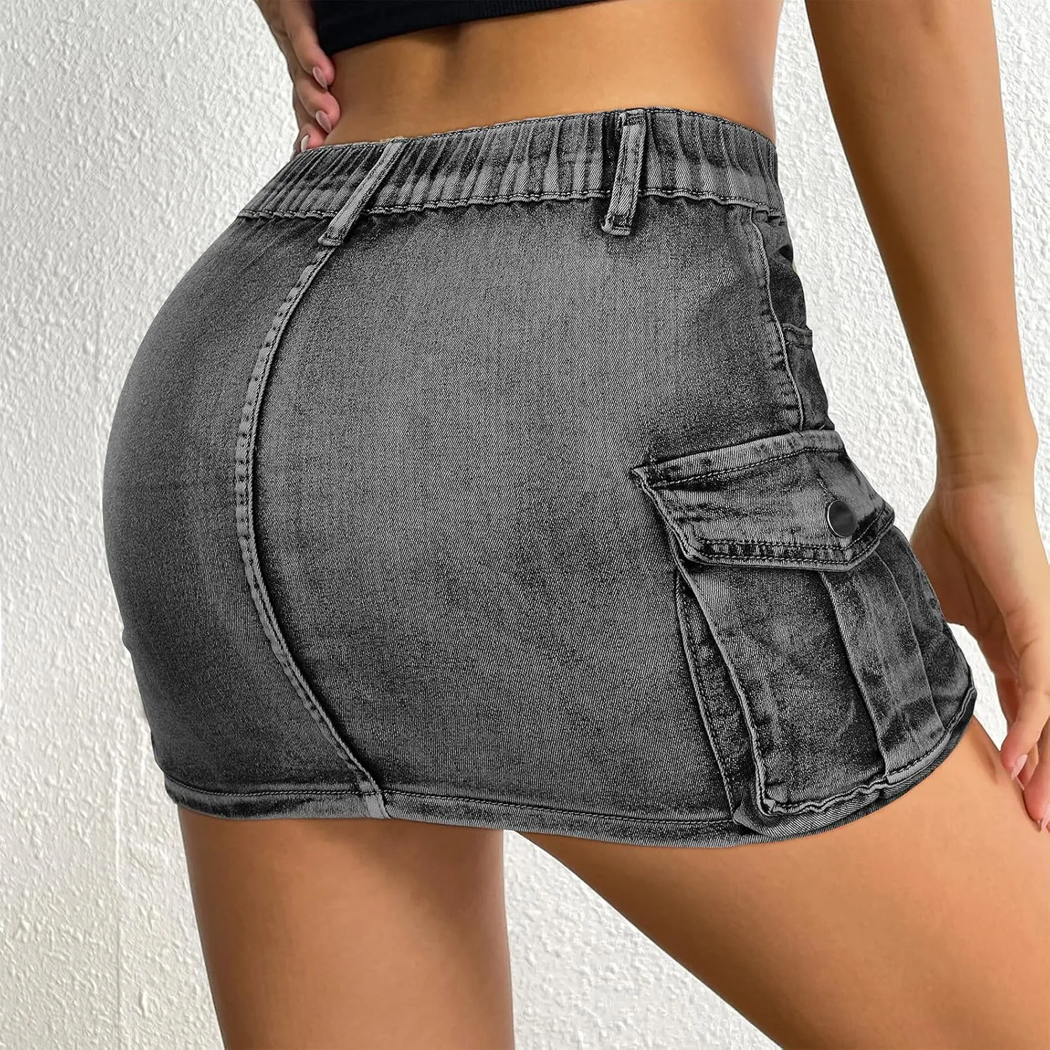 Women Denim Skirt Low Waist Cargo Skirt with Pockets Y2K Button Mini Jean Skirt