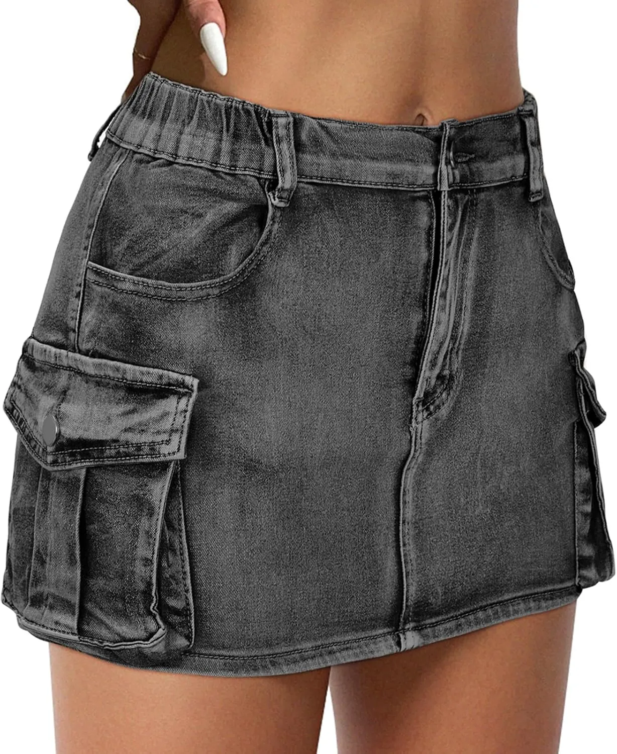 Women Denim Skirt Low Waist Cargo Skirt with Pockets Y2K Button Mini Jean Skirt
