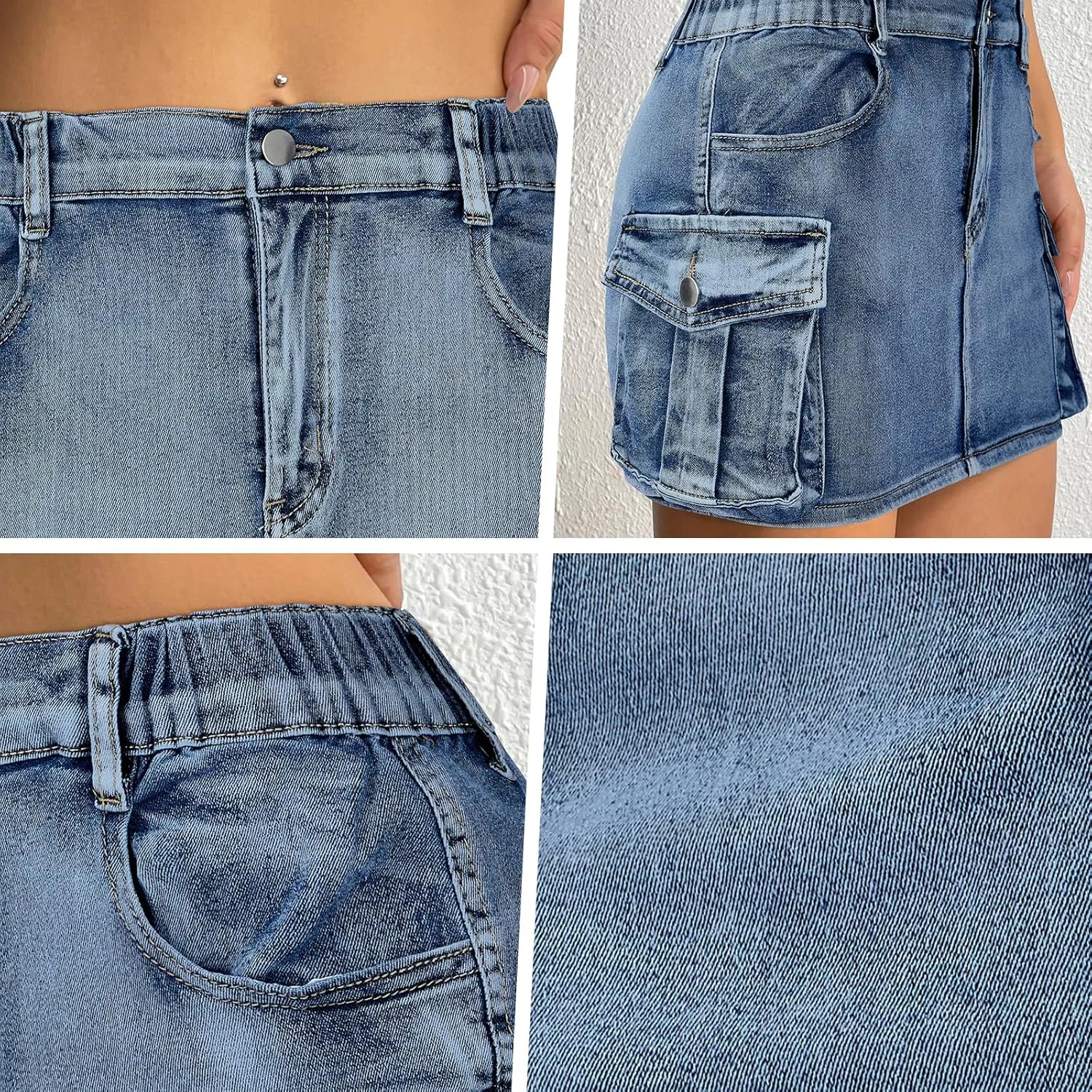 Women Denim Skirt Low Waist Cargo Skirt with Pockets Y2K Button Mini Jean Skirt