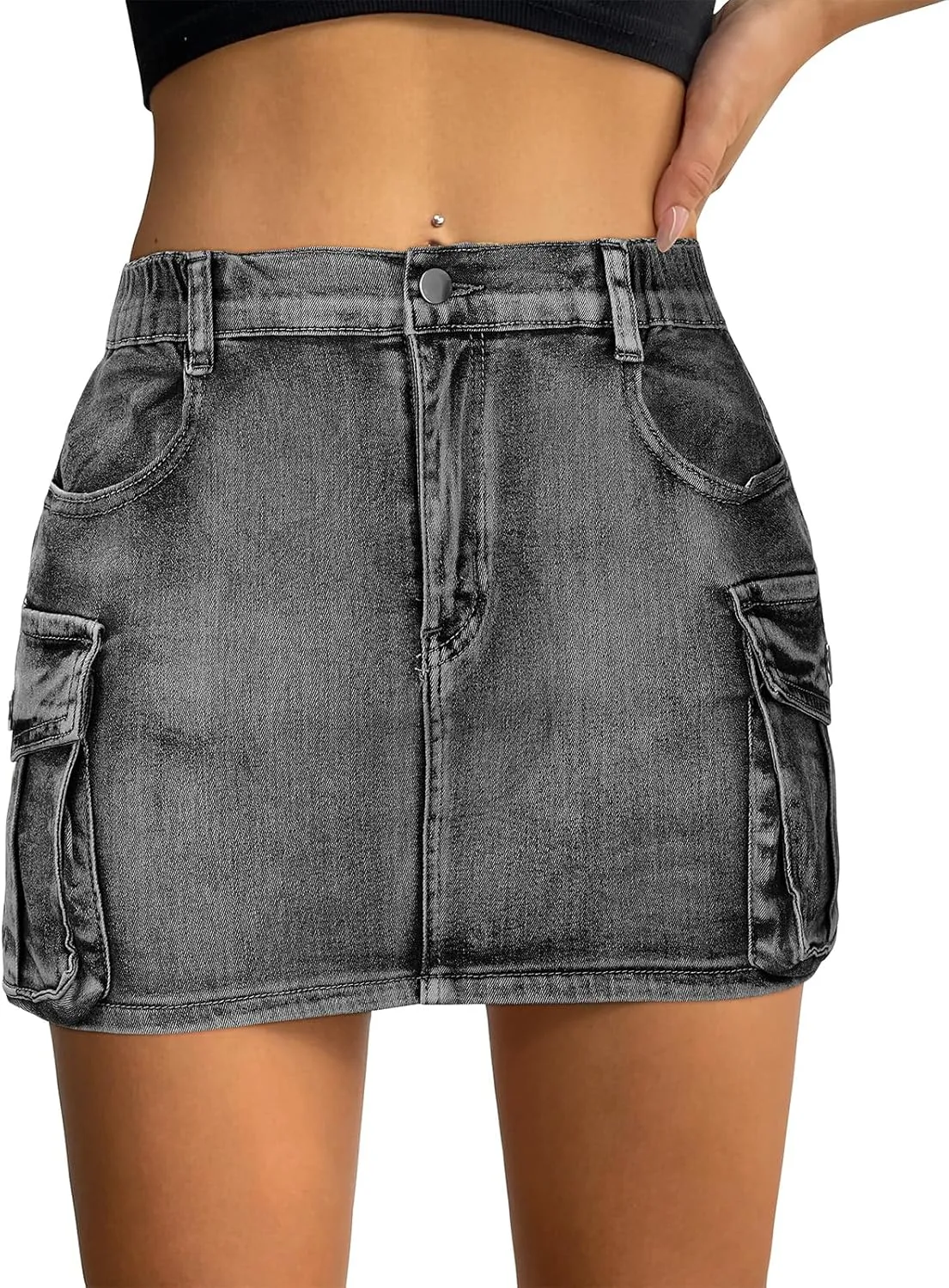 Women Denim Skirt Low Waist Cargo Skirt with Pockets Y2K Button Mini Jean Skirt