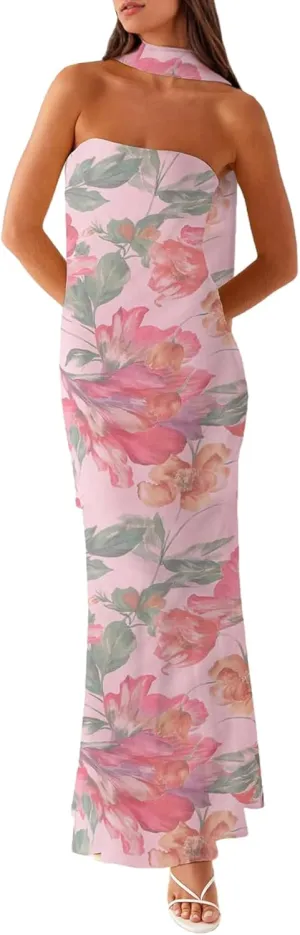 Women Floral Tube Maxi Dress Strapless Ruffle Hem Long Bodycon Vacation Summer Halter Dress with Scarf