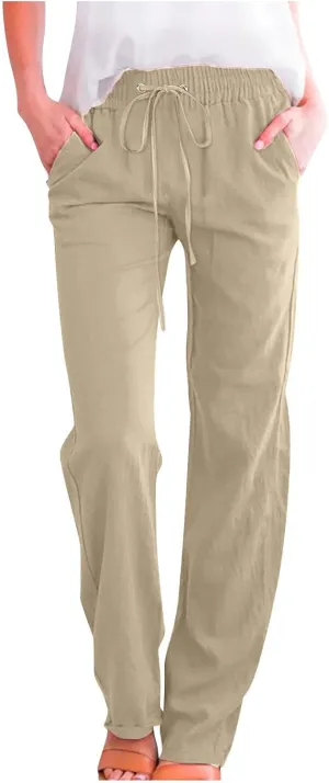 Womens Cotton Linen Pants Straight Leg Lounge Trousers High Waisted Casual Relaxed Fit Long Pant with Pocket