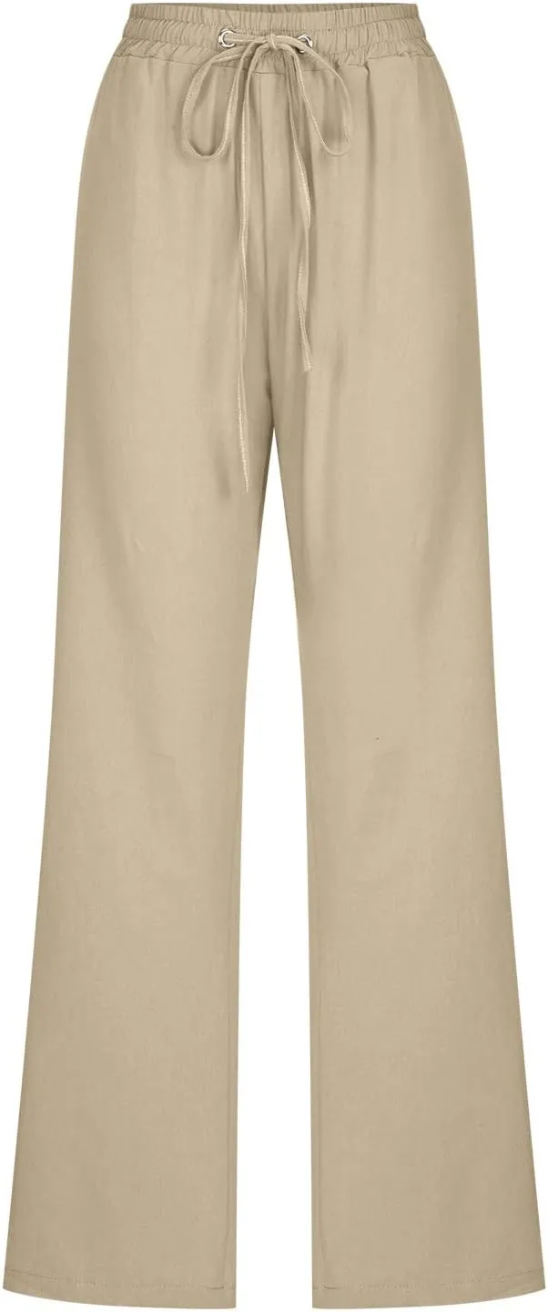 Womens Cotton Linen Pants Straight Leg Lounge Trousers High Waisted Casual Relaxed Fit Long Pant with Pocket