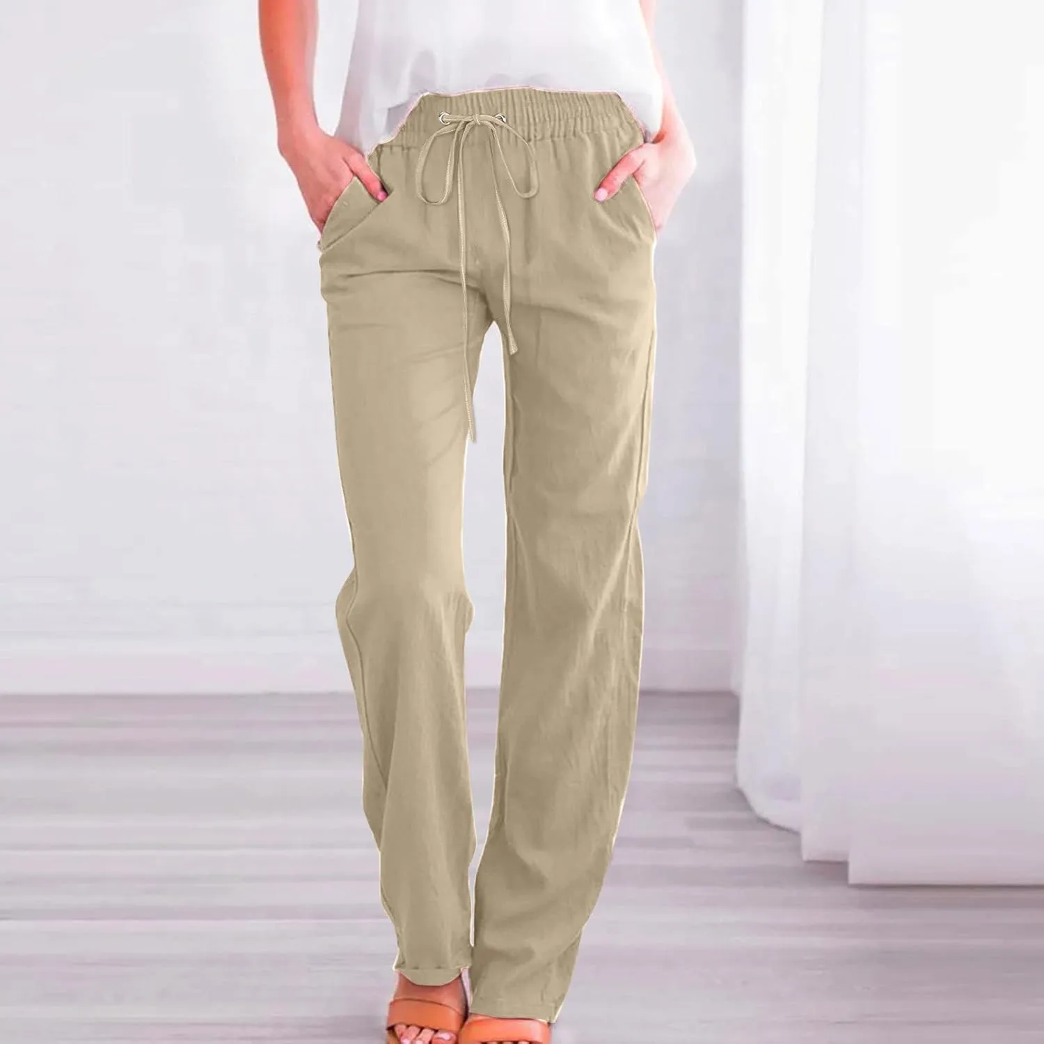 Womens Cotton Linen Pants Straight Leg Lounge Trousers High Waisted Casual Relaxed Fit Long Pant with Pocket