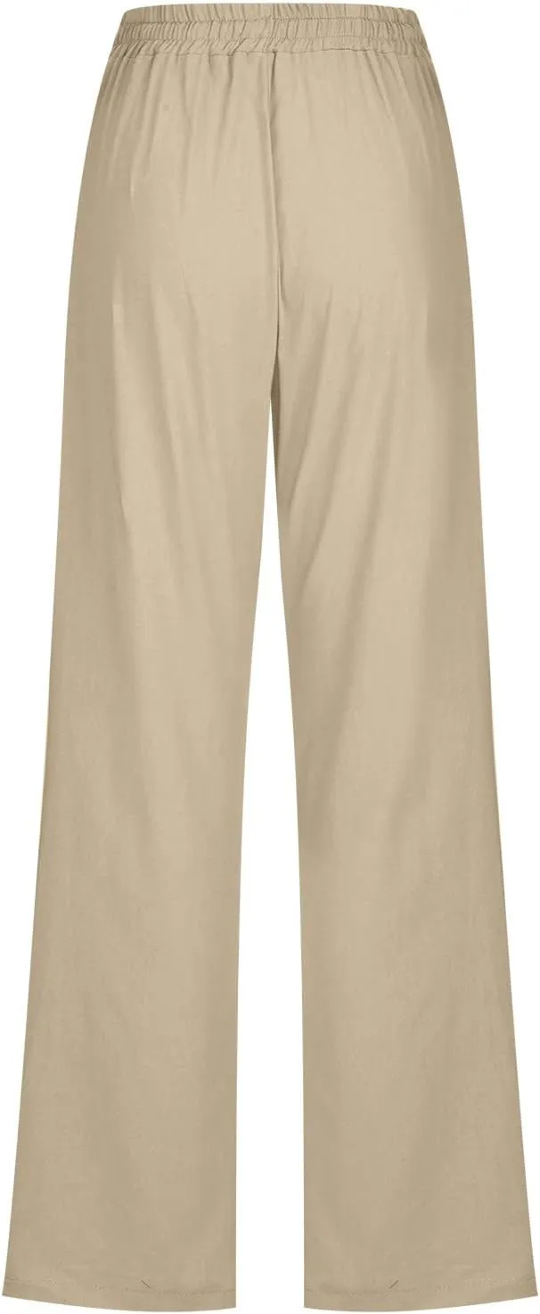 Womens Cotton Linen Pants Straight Leg Lounge Trousers High Waisted Casual Relaxed Fit Long Pant with Pocket