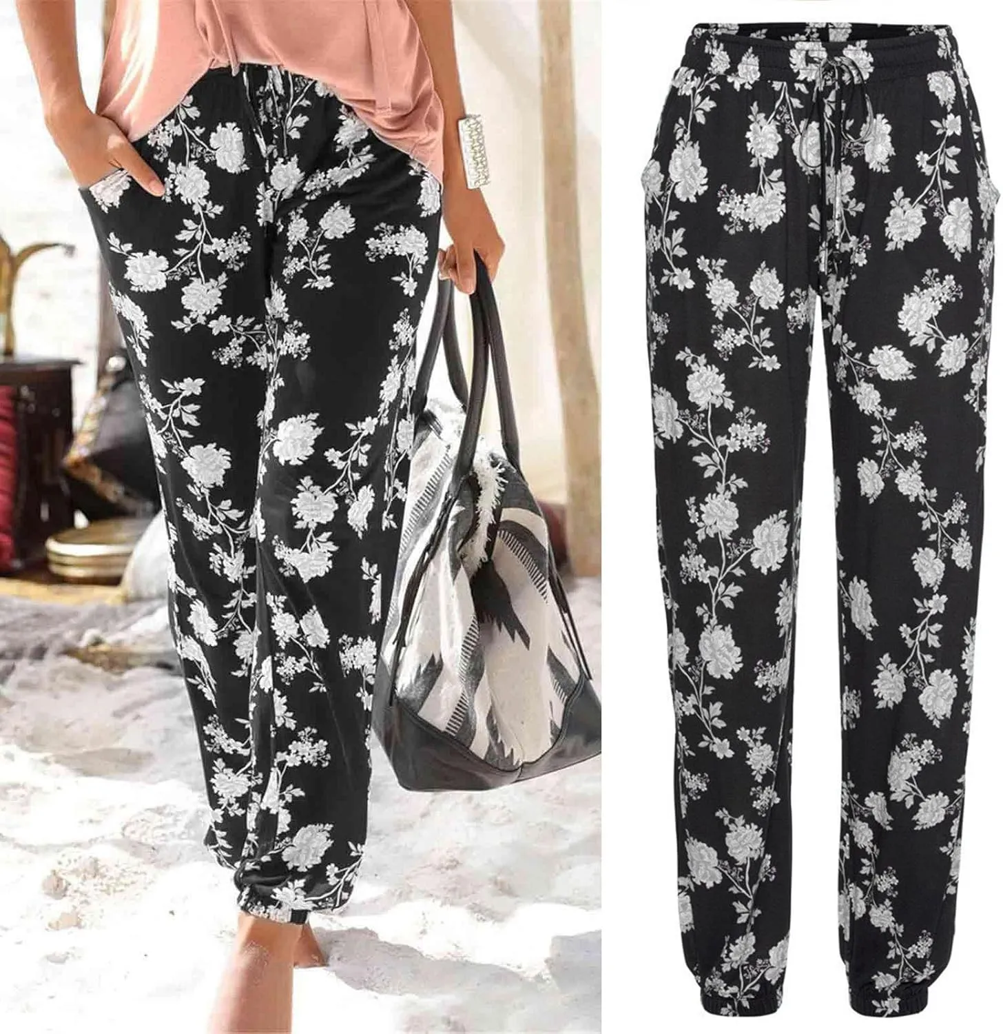 Women's High Waisted Pants Cinch Bottom Summer Lightweight Boho Pants Tapered Elastic Waist Casual Trousers with Pockets