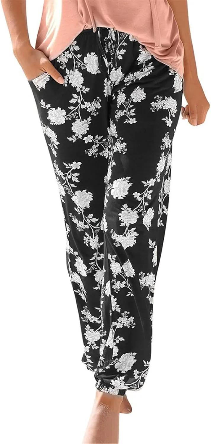 Women's High Waisted Pants Cinch Bottom Summer Lightweight Boho Pants Tapered Elastic Waist Casual Trousers with Pockets