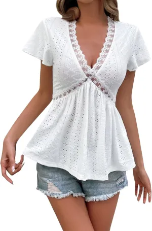 Women's Lace Trim V-Neck Short Sleeve Blouse Casual Summer Eyelet Top with Elegant Design for Daily Wear