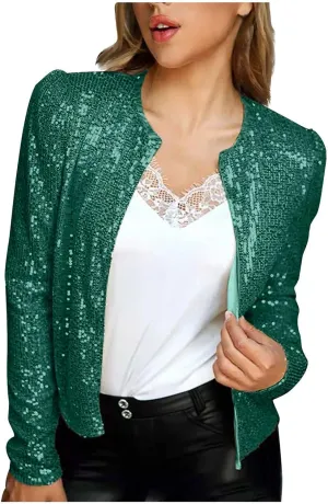 Womens Sequin Jackets Open Front Long Sleeve Coat Collarless Glitter Sparkly Short Blazer Evening Party Clothes